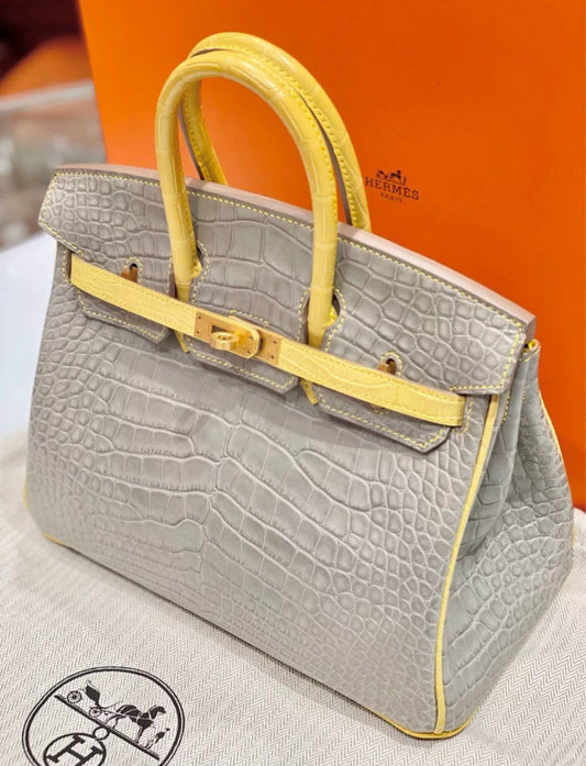 Hermès Birkin 25 Gris Perle and Mimosa Matte Alligator Brushed Gold Hardware