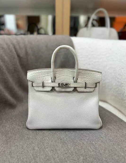 HERMÈS Birkin 25 Touch Beton (8L) Togo Matte Alligator Palladium hardware Stamp B